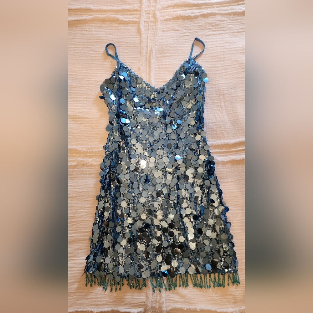 Blue Sequin Sleeveless Dress